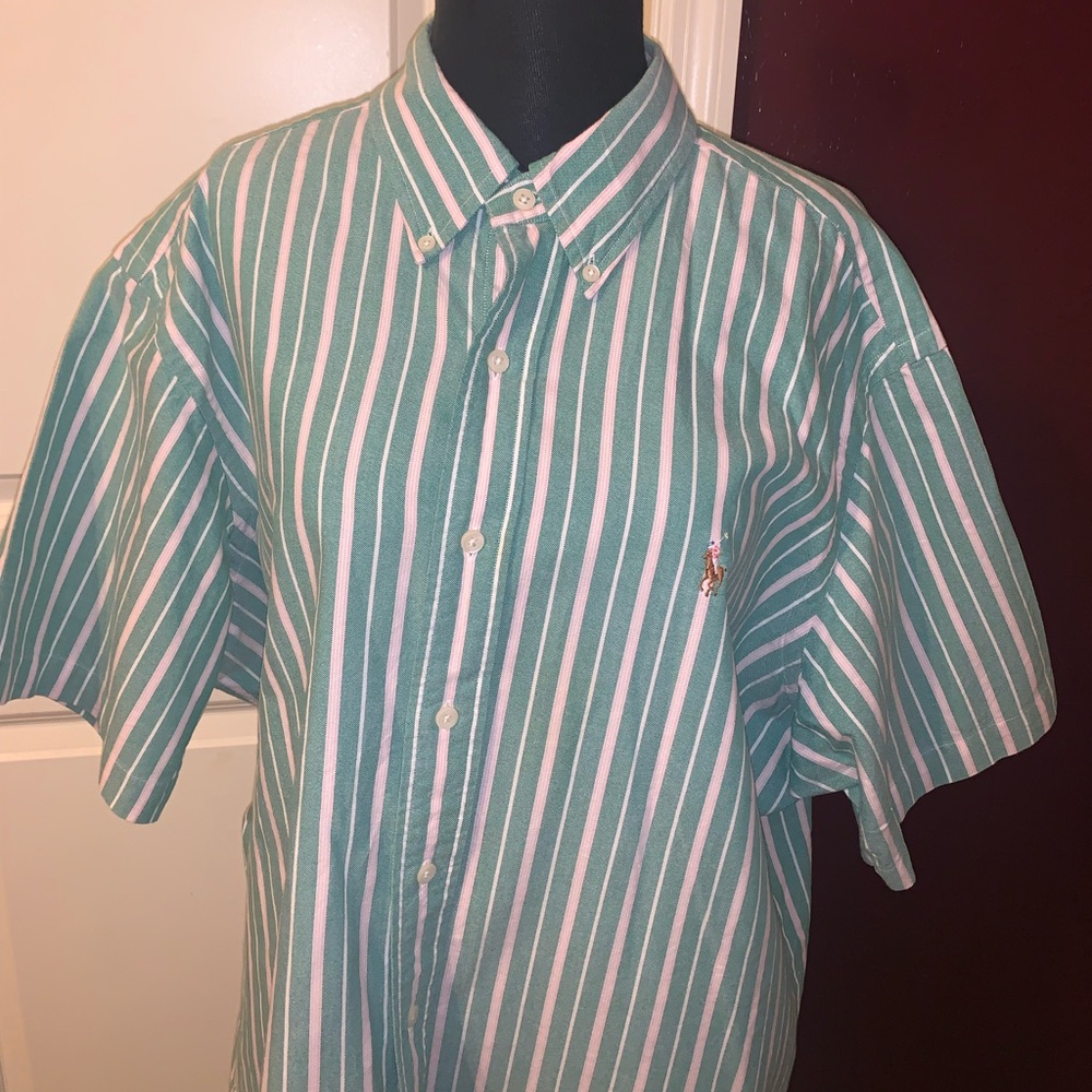 Polo Ralph Lauren Green and Pink Striped Short Sleeve Button Down